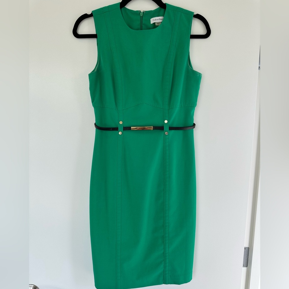 Calvin Klein Green Sheath Midi Dress Crew Neck
